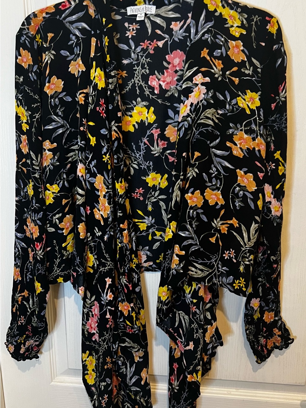 Patrons of Peace Black Floral Tie-Front Blouse with Yellow & Pink Blossoms